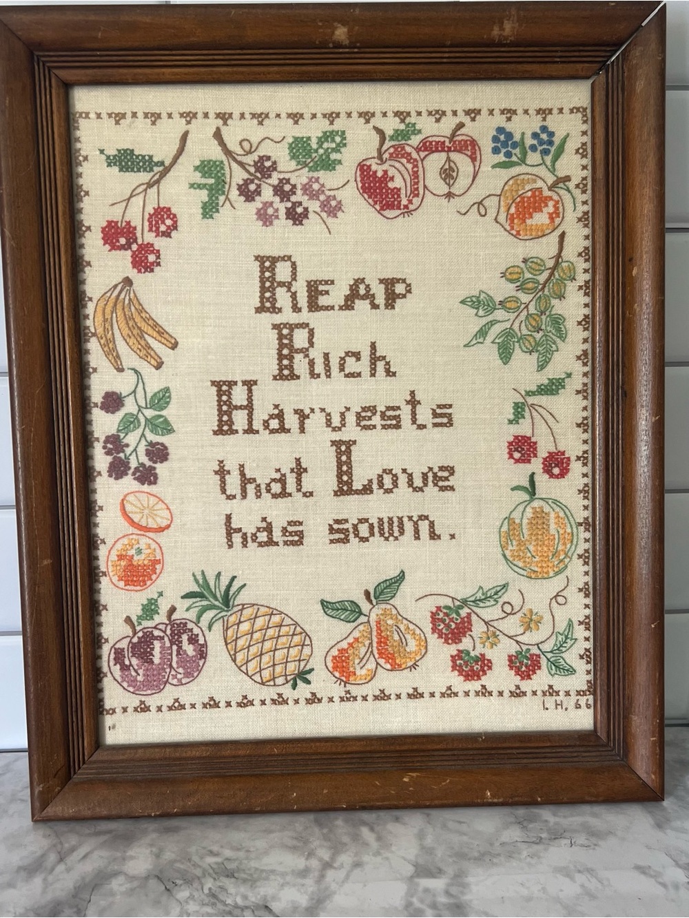 Vintage Cross Stitch Sampler Framed “Reap Rich Harvests That Love Has Sown”
